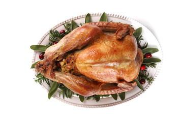Roast turkey isolated on white background, shallow focus