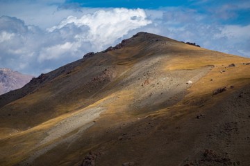 Kyrgyzstan gorges.Sky blue. Mountain valley. Panoramic view. Park, outdoor.