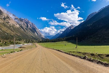 Kyrgyzstan gorges.Sky blue. Mountain valley. Panoramic view. Park, outdoor.