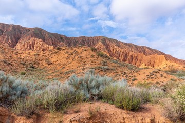 Kyrgyzstan gorges.Sky blue. Mountain valley. Panoramic view. Park, outdoor.