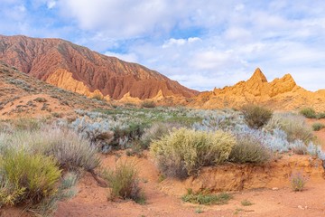 Kyrgyzstan gorges.Sky blue. Mountain valley. Panoramic view. Park, outdoor.