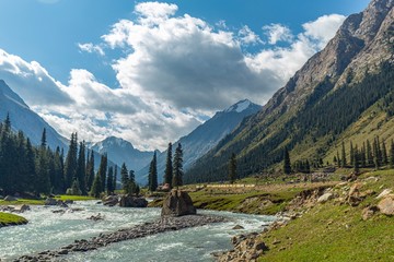 Kyrgyzstan gorges.Sky blue. Mountain valley. Panoramic view. Park, outdoor.