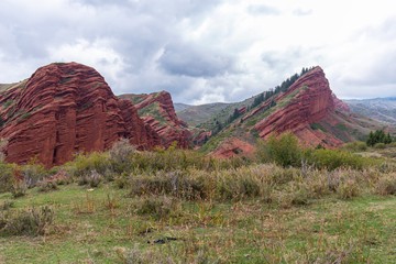 Kyrgyzstan gorges.Sky blue. Mountain valley. Panoramic view. Park, outdoor.