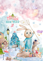 Cute cartoon christmas rat mouse and owl, santa, bunny christmas card. Watercolor hand drawn animal illustration. New Year 2020 holiday drawing. Colorful funny rats wood frame for greeting card