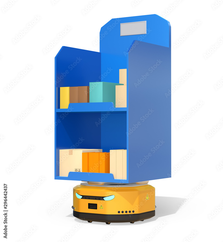 Poster autonomous mobile robot carrying blue cargo isolated on white background. 3d rendering image.