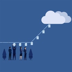 Obraz premium Business flat vector concept team put papers on rope send to cloud metaphor of send files online.