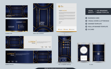 Luxury navy blue stationery mock up set and visual brand identity with abstract overlap layers background.