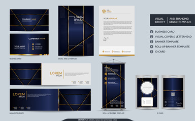 Fototapeta na wymiar Luxury navy blue stationery mock up set and visual brand identity with abstract overlap layers background.