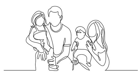 continuous line drawing of family of four holding their children