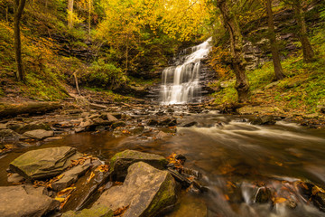Fototapeta na wymiar Autumn waterfall scenery with fallen leaves and beautiful fall colors at Ricketts Glen Park in Pennsylvania