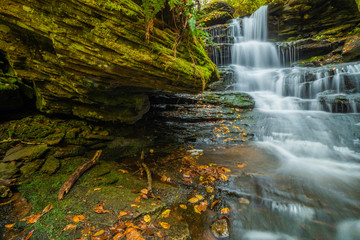 Autumn waterfall scenery with fallen leaves and beautiful fall colors at Ricketts Glen Park in Pennsylvania