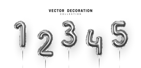 Silver Number Balloons. Foil and latex balloons. Helium ballons. Party, birthday, celebrate anniversary and wedding. Realistic design elements. Festive 3d render, set isolated. vector illustration