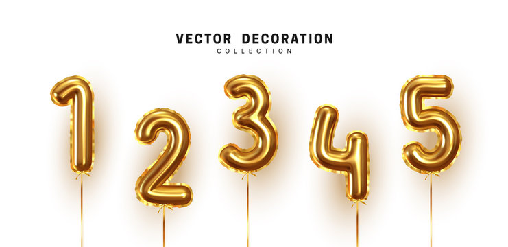 Golden Number Balloons. Foil and latex balloons. Helium ballons. Party, birthday, celebrate anniversary and wedding. Realistic design elements. Festive 3d render, set isolated. vector illustration