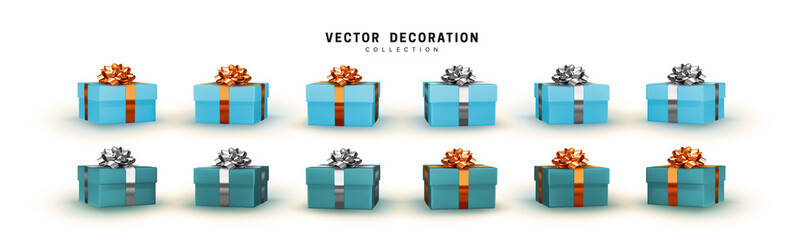 Set of gifts box. Collection realistic gift presents. Surprise boxes. Celebration decoration objects. Isolated on white background. vector illustration