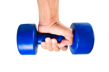 ็Hand holding Dumbbell for exercise on white background,Blue Dumbbell