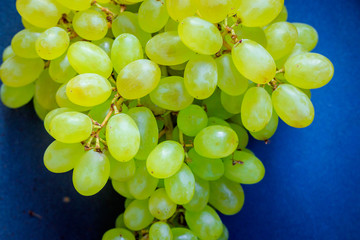 Branch of green grape raisins on a plate. Fruit on a plate. Green berries.