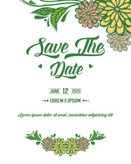 Template of invitation card save the date, with decoration of nature colorful wreath frame. Vector