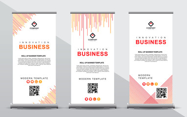 Set of three roll up banner template. Modern abstract elgant design composition with portrait presentation.