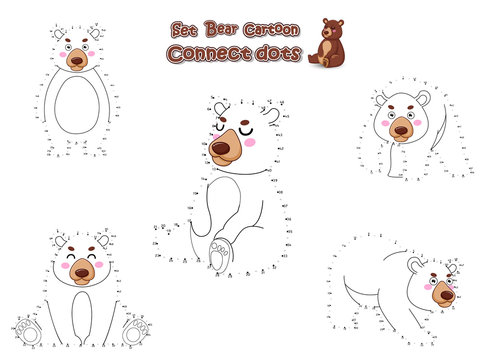 Set Connect The Dots and Draw Cute Bears Cartoon. Educational Game for Kids. Vector Illustration Animal Frame
