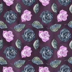 Hand Drawn Roses, Mimicking Folk Embroidery Stitches, on Dark Blue Background Floral Seamless Pattern