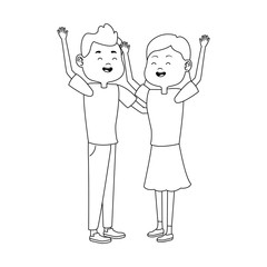 cartoon teen couple with arms up, flat design