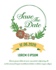 Template of beautiful card wedding save the date, with texture of nature green leaf flower frame. Vector