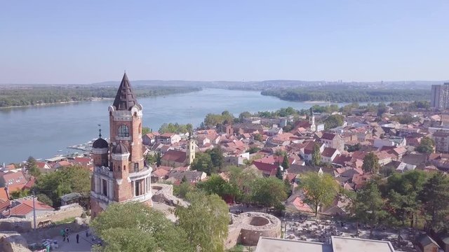 Fantastic establishing aerial shot of Gardos Tower in Zemun, summer day 4k