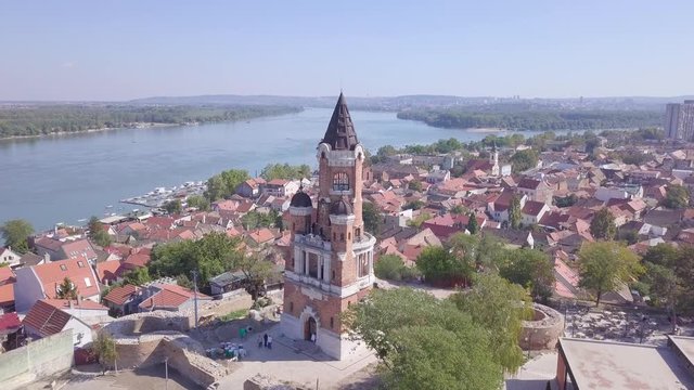Static still 4k aerial of Gardos Tower in Zemun and Danube with Old city center