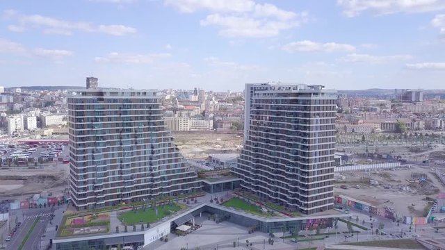 Opening aerial shot showing Belgrade city centre and Belgrade Waterfront in background