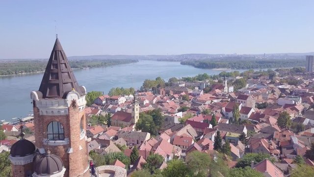 Fantastic cinematic aerial 4k shot of Gardos Tower in Zemun Old city, Belgrade