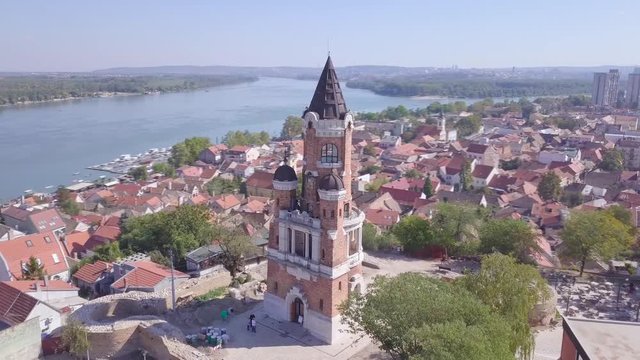 Stunning aerial 4k orbiting shot of Gardos Tower in Old Zemun, Belgrade Danube