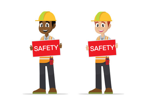 Construction man showing SAFETY sign.