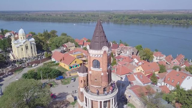 Ascending 4k aerial shot of Gardos Tower in Zemun Danue river background