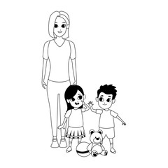 woman and happy kids, flat design