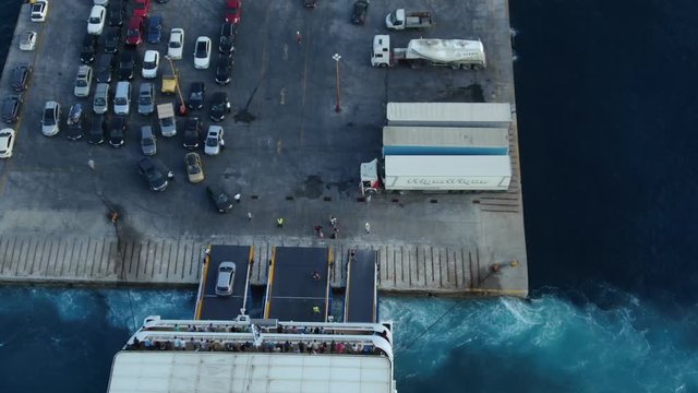 Droneshot of Paros Harbor with ferryboat Parikia in Greece