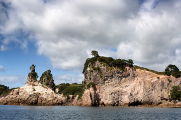 Fototapeta na wymiar Cliffs and rock formations along the coastline of the Coromandel Peninsula