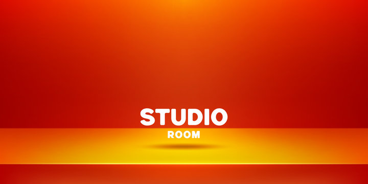 Vector template of photo studio backdrop, placed in interior. Mockup for your posters or photos. 3D empty modern orange studio room interior background.