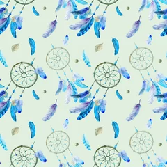 Foto op Plexiglas naadloos patroon met veren en dromenvanger © Vilena