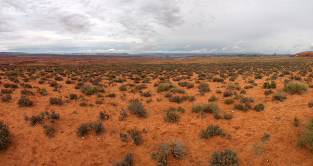 Typical Arizona red desert landscape panorama, red soil, green bushes, moody sky and distant canyon near Page city © Eugene