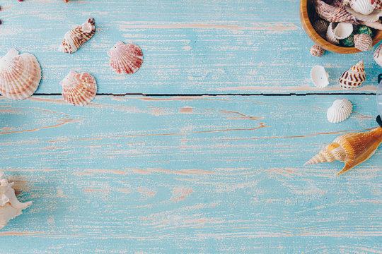 Top view of many kind of seashell on blue wood board with copy space feel like summer season and traveling to the beach.