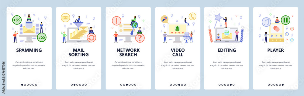 Poster mobile app onboarding screens. email spam, video call and podcast, music player. menu vector banner 
