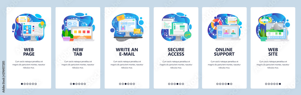 Poster mobile app onboarding screens. computer technology and business, secure access, send email, support 