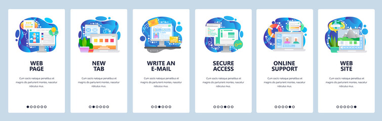 Mobile app onboarding screens. Computer technology and business, secure access, send email, support online chat. Vector banner template for website and mobile development. Web site design illustration