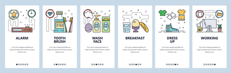 Mobile app onboarding screens. Morning routine, alarm clock, toothbrush, wash face, breakfast, dress up, office desk. Vector banner template for website and mobile development. Web site illustration