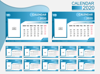 Calendar 2020 year. Vector template collection.Week starts on monday