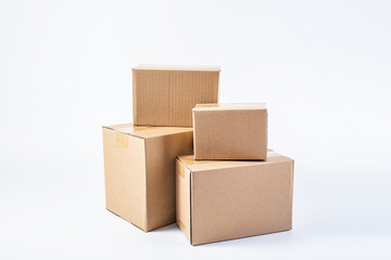 Bunch of blank courier box paper boxes on white background