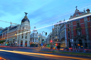 cityscape at Calle de Alcala and Gran Via, main shopping street in Madrid, Spain, Europe.