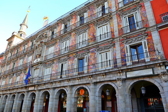 Facade of the Casa de la Panaderia in the Plaza Mayor, Madrid, Capital city of Spain.