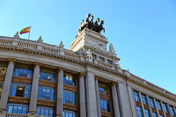 Ornate Facade of typical residence/ commercial Buildings and streets in City of Madrid, Spain