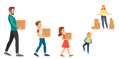 Illustration of a Stickman Family Carrying Cardboard Boxes Moving In Their New Home.